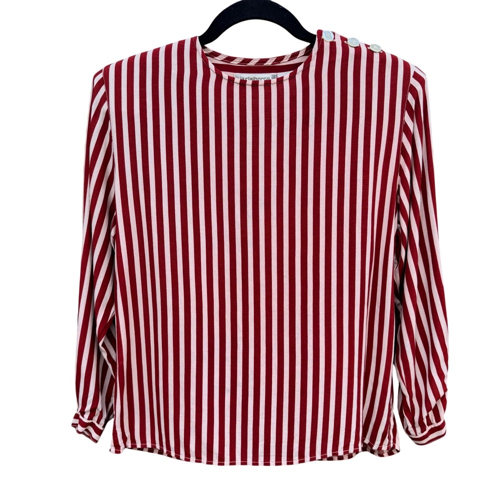 Liz Claiborne Vintage 80s Nautical Parisian Striped Button Shoulder Blouse Red 4
